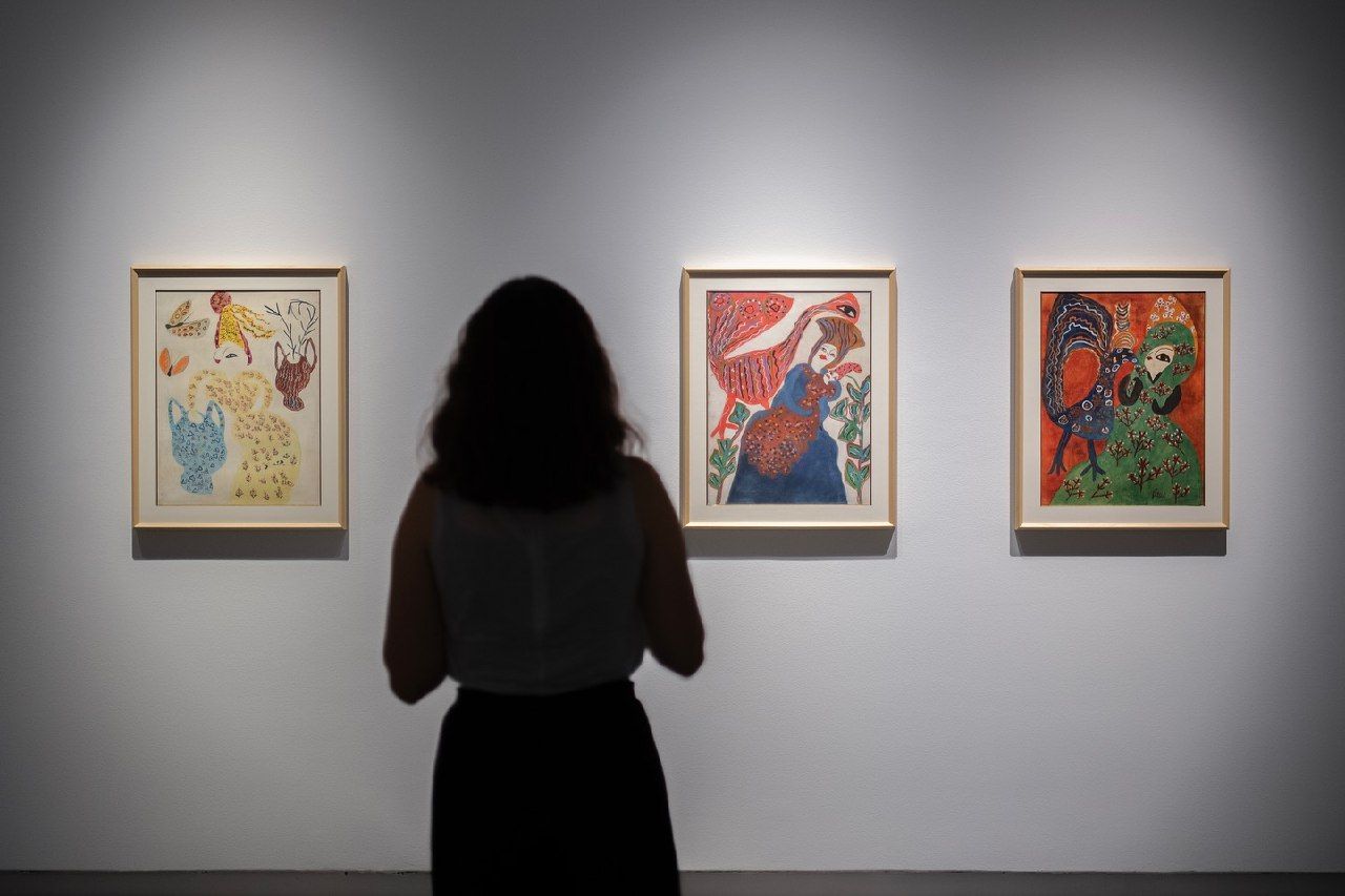 Image: Baya, various works, 1947. Installation view: Drawing Time: Duets, Al Mureijah Art Spaces, Sharjah, 2024. Image courtesy of Sharjah Art Foundation. Photo: Motaz Mawid