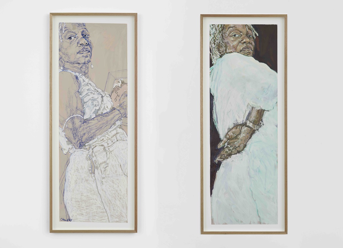 Claudette Johnson, Standing Figure 2, 2021 (left); and Standing Figure 3, 2021 (right). Sharjah Art Foundation Collection. Photo: Andy Keate