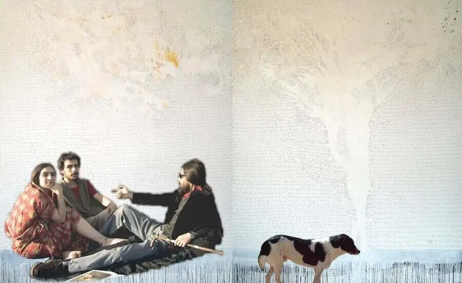 Artist: Farideh Lashai Title: Le Dejeuner au Park Mellat (diptych), edition of 3 plus 2 AP, unique painting Year: 2008-2010 Medium: Projected animated photographic images on painting (oil, acrylic, and graphite on canvas) and sound. Dimensions: 200x160 cm each, 200x320 cm overall
