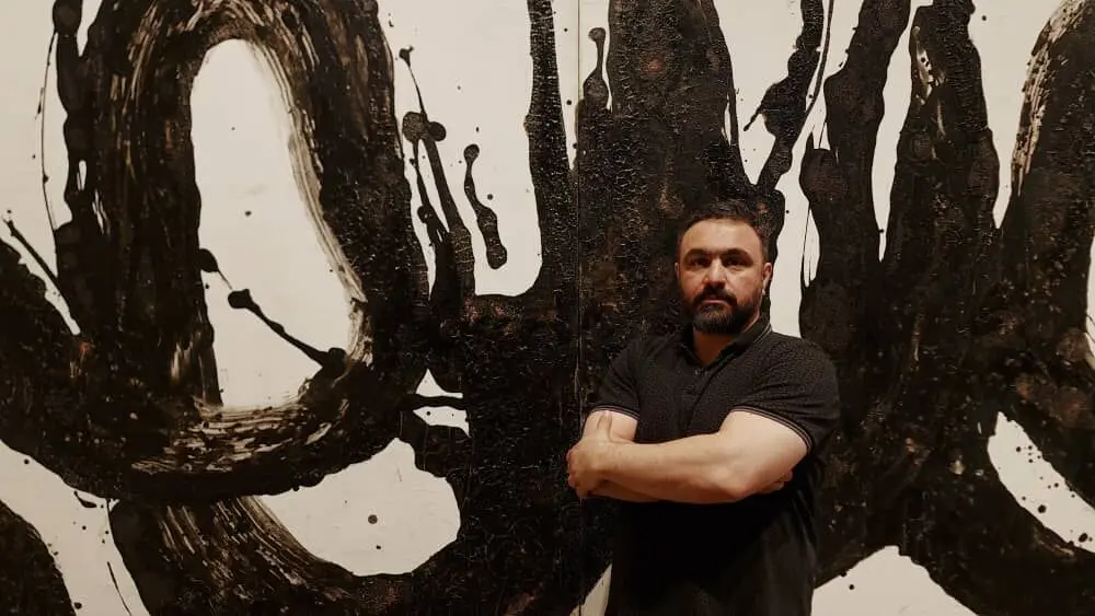 “Sheyda” by Salman Moghadasi is described as a connection between Jackson Pollock, de Kooning, Gorky, and Rumi