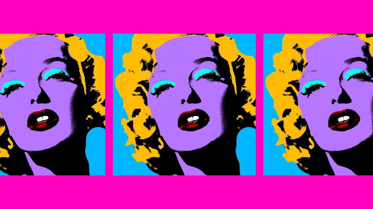 Three images of Marilyn Monroe in Andy Warhol's signature Pop Art style. The predominant colours are purple, pink, and orange.